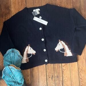 Women’s Vigoss black Acrylic Cardigan sweater with Horse Motif equestrian NWT